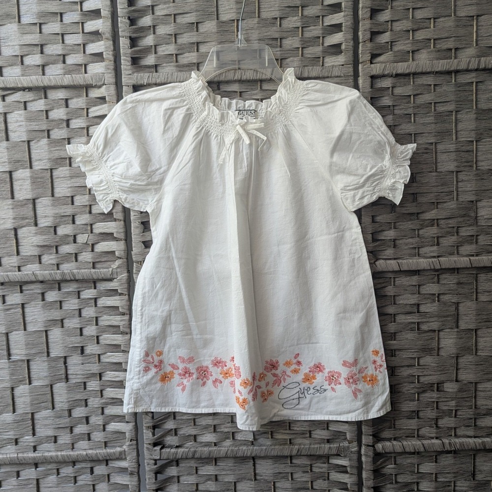Guess Blouse White Floral Printed Smocked Peasant Top Girls XL 16 Short Sleeve